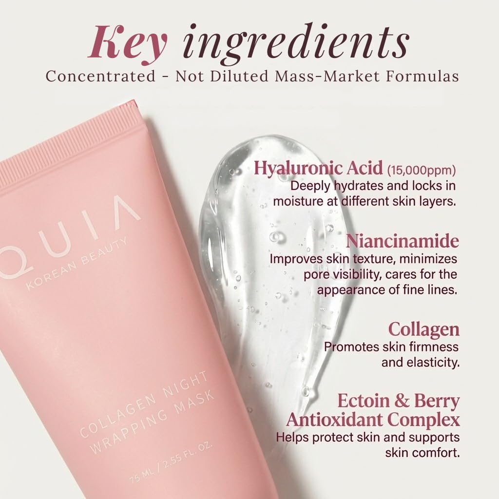 QUIA Korean Skincare Set - Toner Pads + Collagen Wrapping Mask - Dual-Step System for Visibly Smoother Texture, Refined Pore Appearance & Glass Skin - Gentle Exfoliation + Overnight Firming Treatm