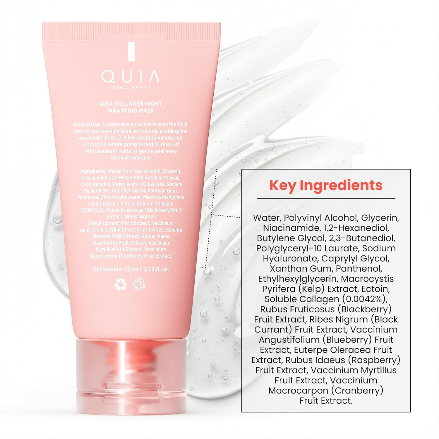 QUIA Collagen Wrapping Mask 75ml - Clinical +92% Firmer Appearance - Overnight Glass Skin Peel Off - Korean Skincare - All Skin Types - Better Than Sheet Masks
